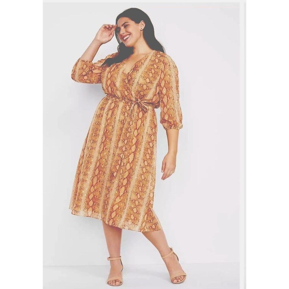 LANE‎ BRYANT GoldMetallic SnakePrint MidiDress Warm lined  Sheer Sz 14 Preppy